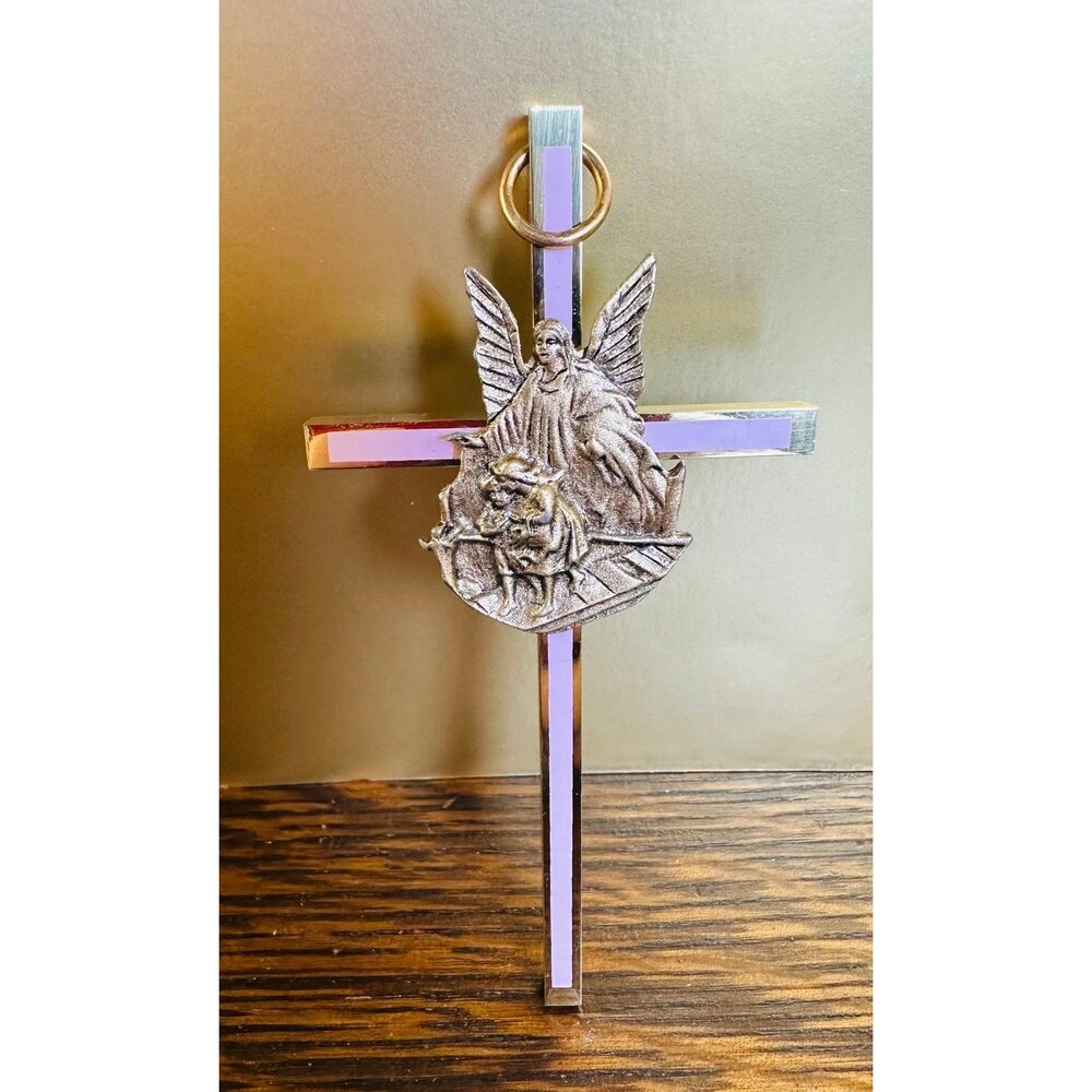 Vintage Guardian Angel & Children Wall Cross - 4" Pewter & Rose Inlay